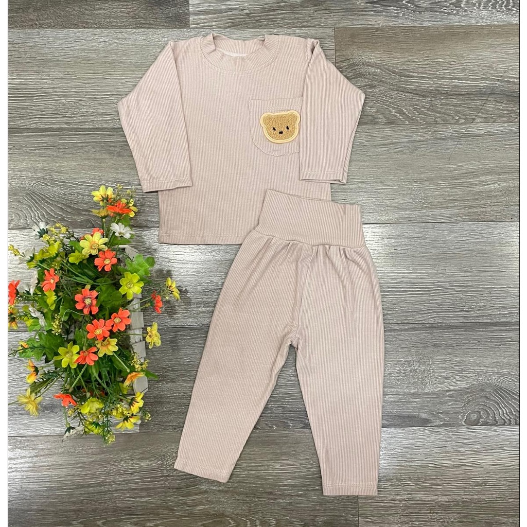 Bộ dài minky mom cài vai tăm lụa cạp cao hình gấu, bộ cạp cao thu đông cho bé sơ sinh