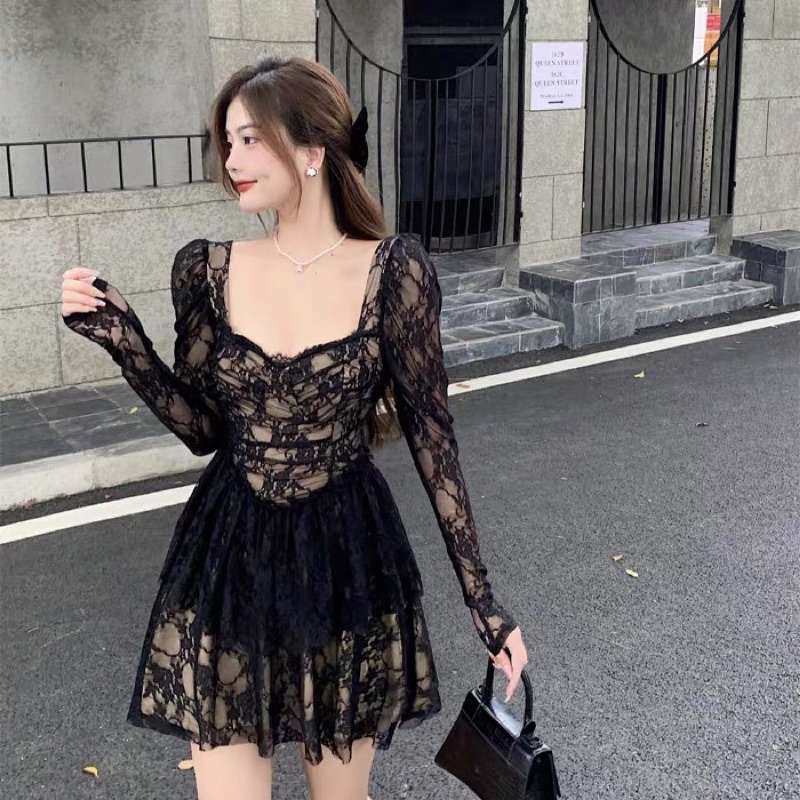 Đầm ren đen tiểu thư 2 tầng xoè bồng chiết eo có mút ngực/ Váy dự tiệc sang chảnh Hàn Quốc