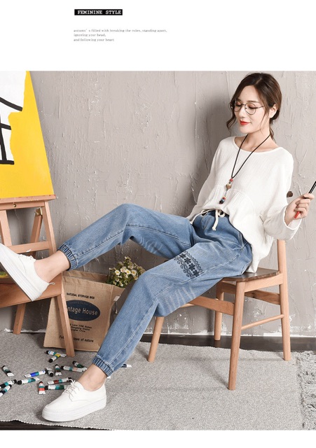 Quần jean dài bo ống thêu đùi big size cao cấp size 70-110kg