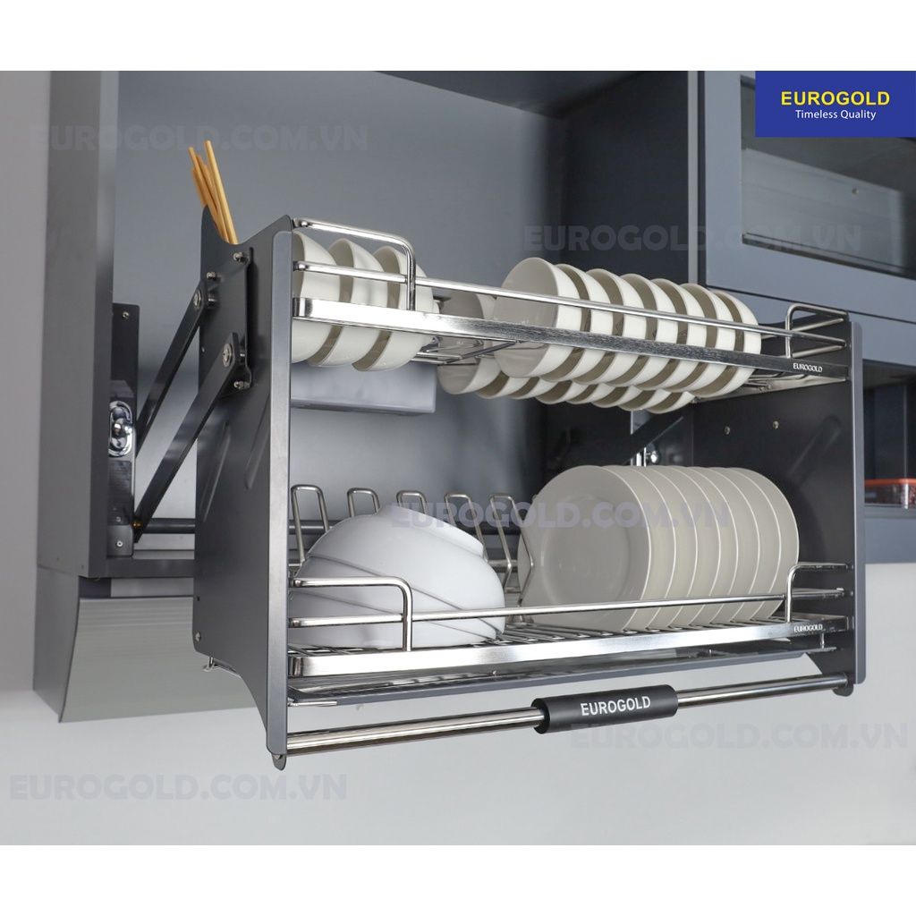 Giá bát nâng hạ nan oval EUROGOLD EPV9090, Kệ úp bát đĩa inox 304, Phụ kiện tủ bếp thông minh