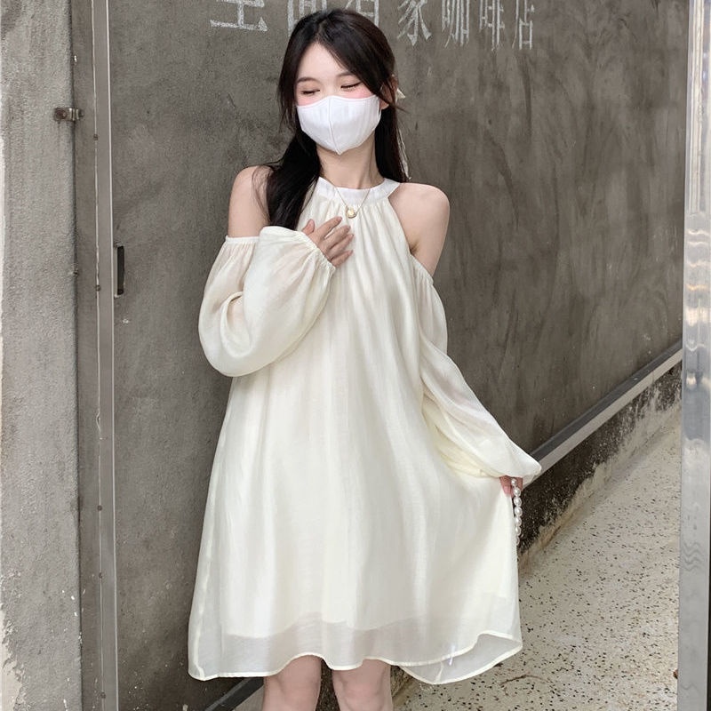 Váy babydoll Đầm Chữ váy xinh váy trắng a Tay Dài Trễ Vai Phong Cách Pháp Thời Trang Mùa Thu Mới 2022