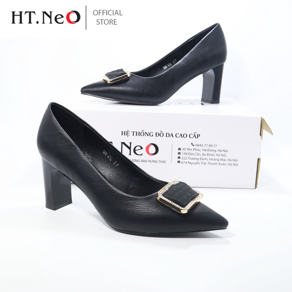 Giày cao gót nữ HT.NEO da bò thật êm mềm kết hợp gót cao đến 7cm ,nơ vuông đính đá ,kiểu dáng sang trọng ,thanh lịchGC05