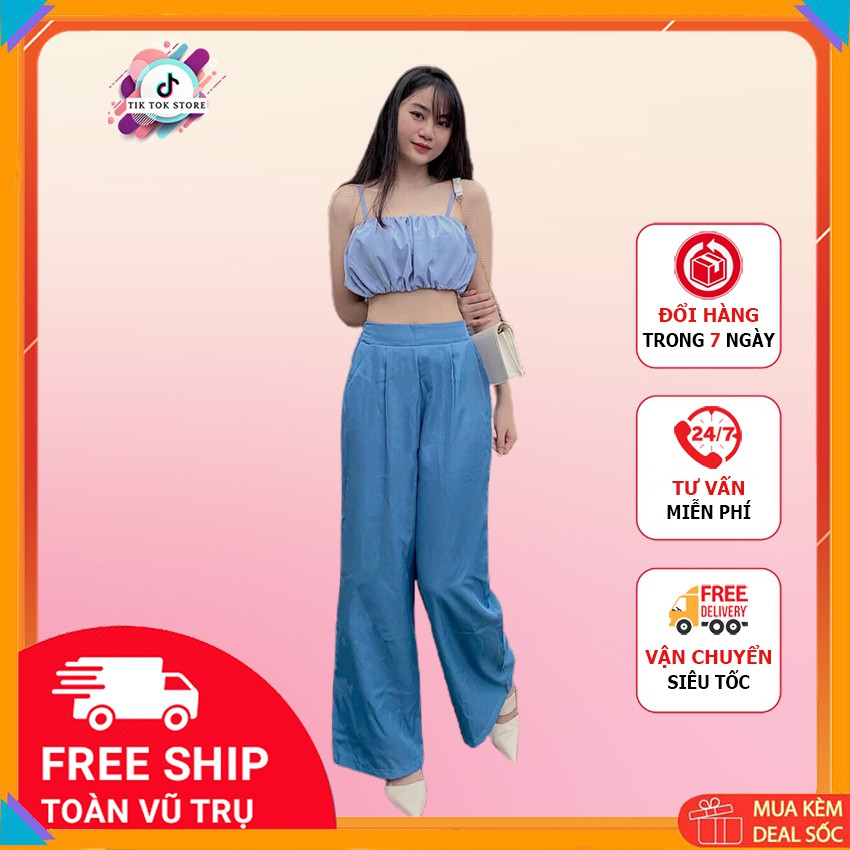 Áo 2 dây croptop và quần ống rộng nữ lưng cao Tik Tok Store M127, set đồ nữ cá tính