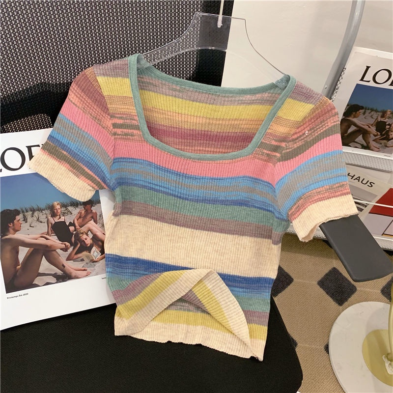 Áo Kiểu Cổ Vuông Tay Ngắn Họa Tiết Kẻ Sọc Màu Sắc Tương Phản Phong Cách Hàn Quốc Thời Trang