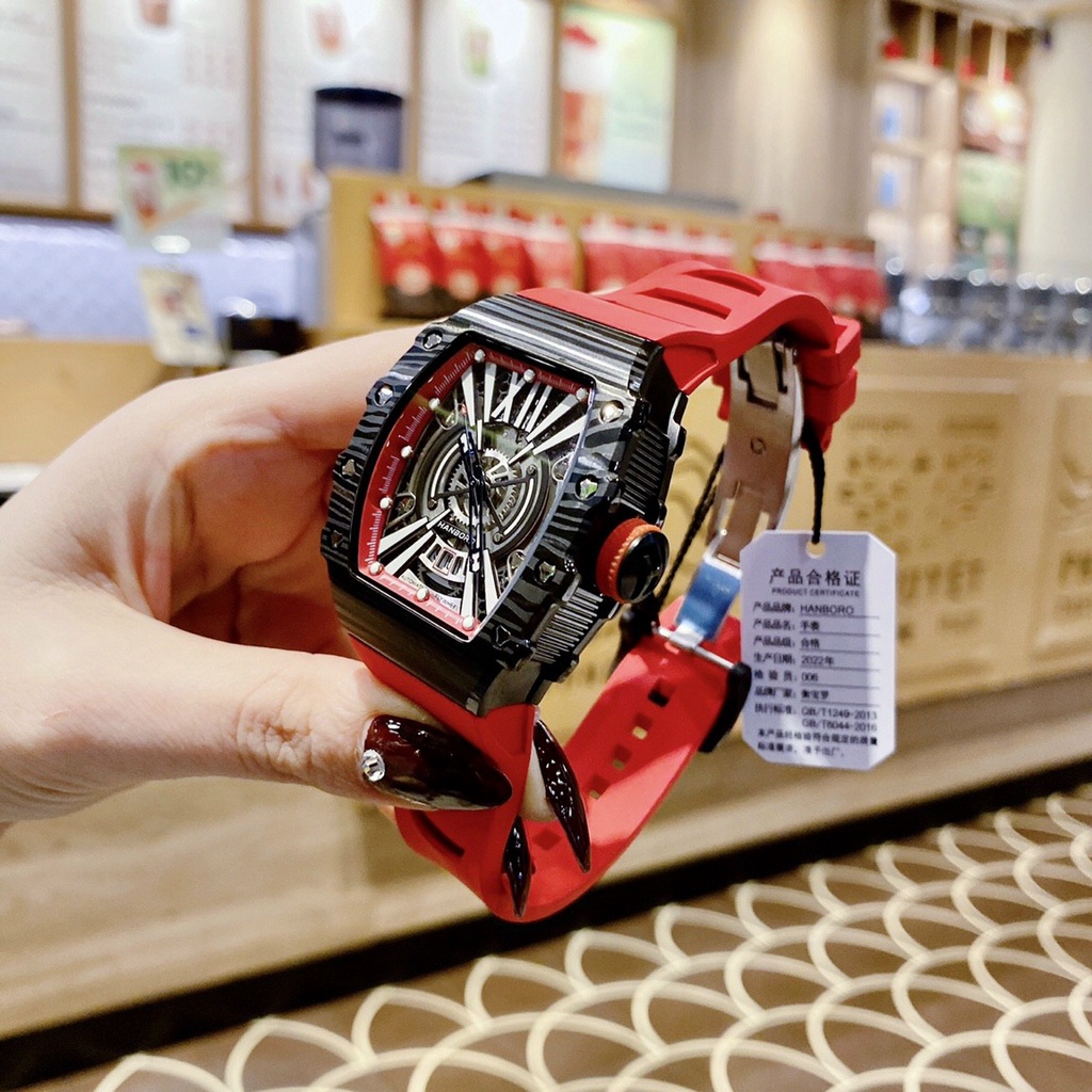 Đồng Hồ Nam Nữ Hanboro Nam Máy Automatic, Nữ Máy Pin , Dây Cao Su Màu Đỏ , Size 36mm/48mm fullbox