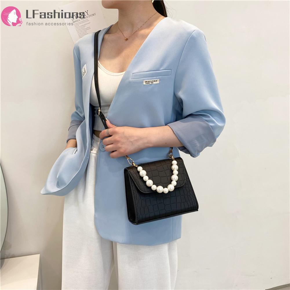 Women Stone Pattern Leather Shoulder Bag Pearl Top-handle Handbags