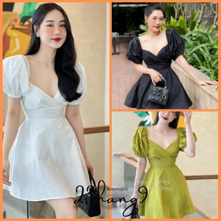 Váy nữ váy tay bồng tiểu thư thắt eo cổ chữ V chất thô cao cấp màu xanh màu đen dáng mini đi biển 23thang9
