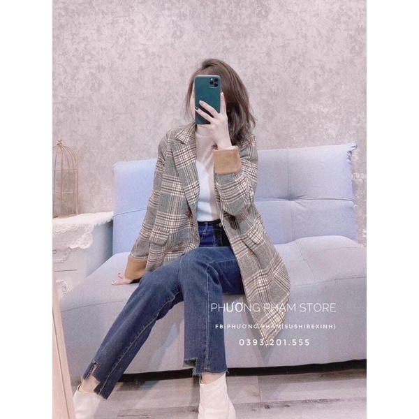 Áo dạ kẻ nâu, cổ vest tay phối vàng Hàn Quốc dáng dài