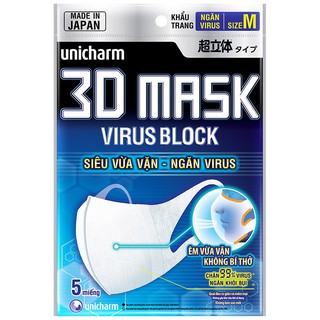 Khẩu trang ngăn vi khuẩn Unicharm 3D Mask Virus Block (Ngăn được bụi mịn PM2.5) size M gói 5 miếng