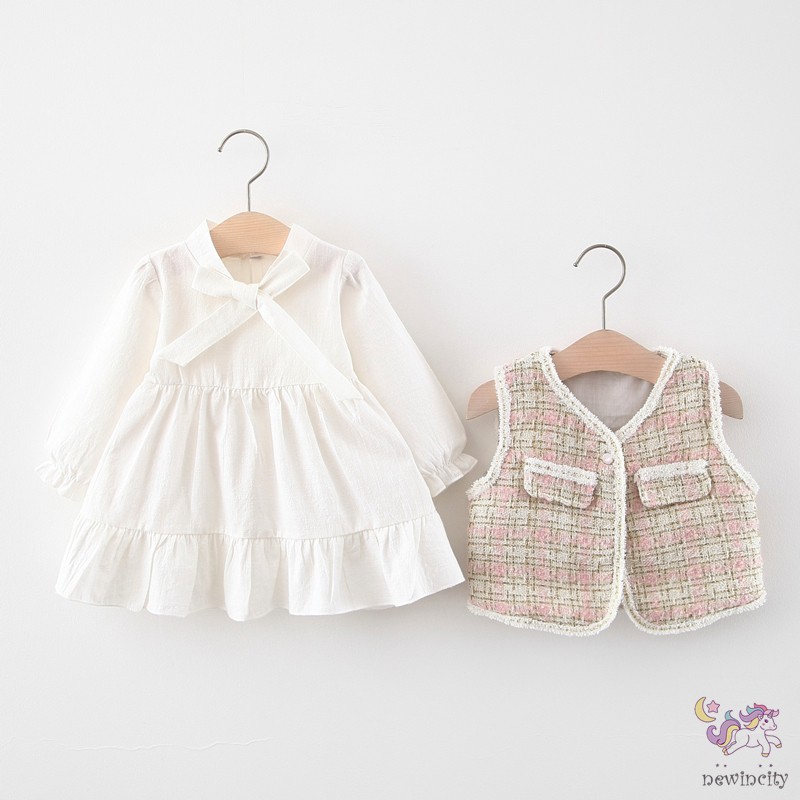 Bộ Đầm Dài Tay + Áo Khoác Vest Phong Cách Hàn Quốc Siêu Đáng Yêu Dành Cho Bé Gái