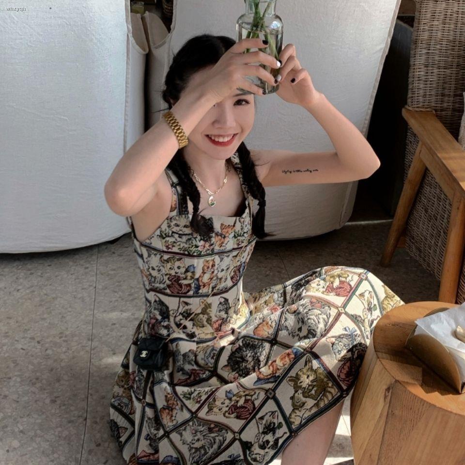 Đầm Hai Dây Dáng Ôm In Họa Tiết Mèo Phong Cách Retro Quyến Rũ Thời Trang Mùa Hè Mới
