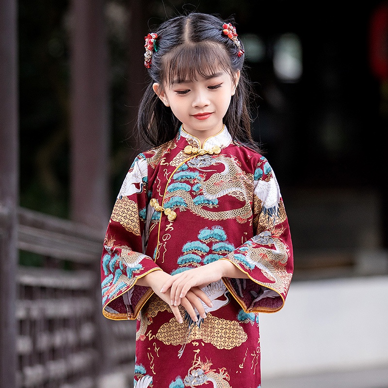 Đầm Sườn Xám Tay Dài Phong Cách Trung Hoa Dễ Thương Cho Bé Gái