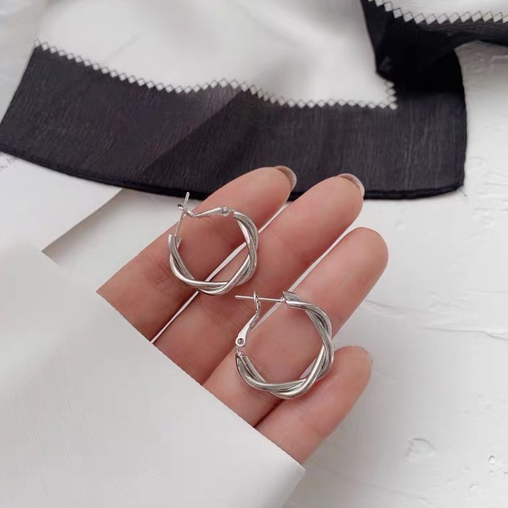 Bông tai mạ bạc 925 thiết kế kiểu xoắn đơn giản phong cách Hàn Quốc thời trang cho nữ