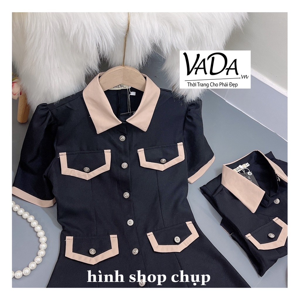 Đầm xòe dạo phố, dự tiệc cổ sơ mi phối màu hàng nút xinh xắn -Thời Trang VADA (VD323) | BigBuy360 - bigbuy360.vn