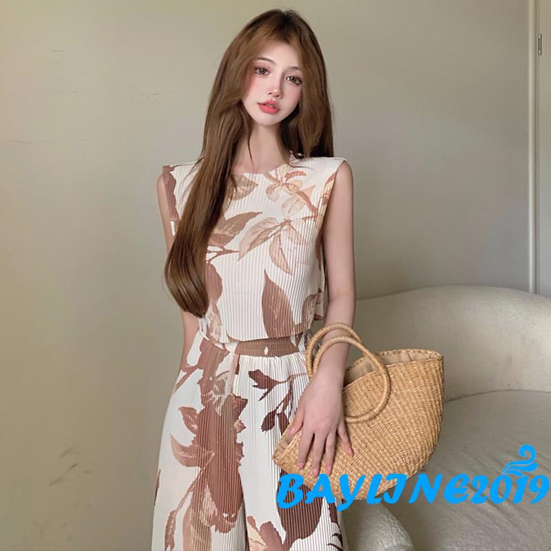 Set Áo Sát Nách Cổ Tròn + Quần Dài Ống Rộng Lưng Thun Thời Trang Nữ