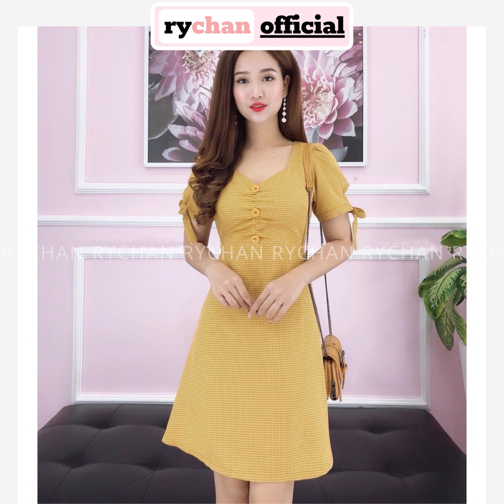[ẢNH THẬT CUỐI] DX824 - Đầm Xòe Caro Phối Tay Nơ 3 Màu