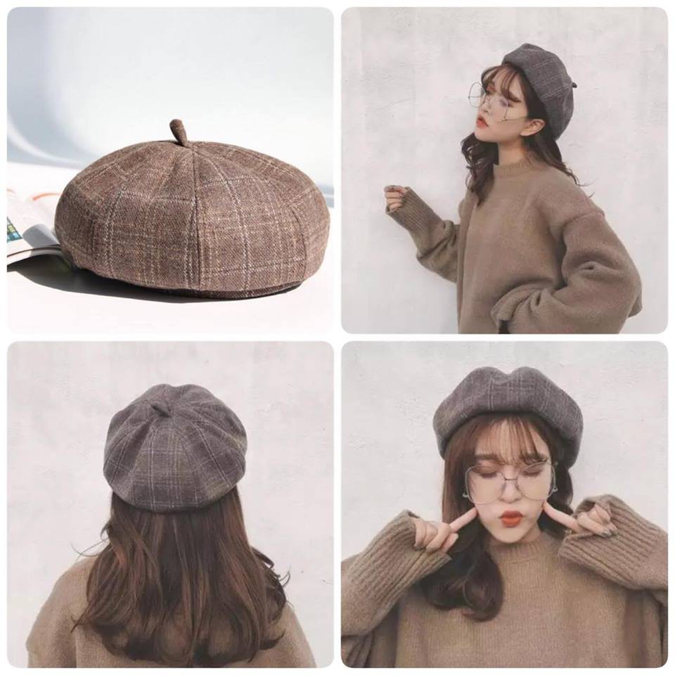 Mũ nồi beret caro có dây rút