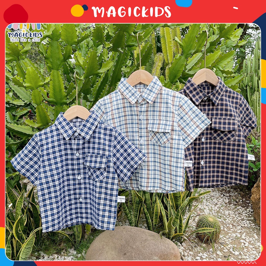 Áo sơ mi kẻ caro cho bé trai 1 2 3 4 5 6 7 8 tuổi cổ đức ngắn tay Magickids Quần áo bé trai đi học, đi chơi AO22012