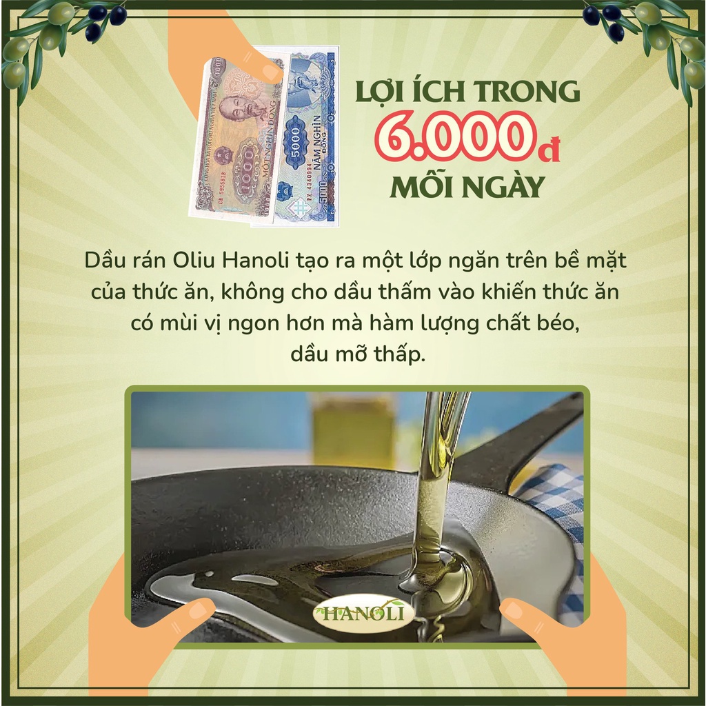 Dầu Ăn ( Dầu Rán)  Oliu Hanoli 1L Nhập Khẩu Nguyên Chai Hy Lạp - chứa 75% dầu Oliu Siêu Nguyên Chất