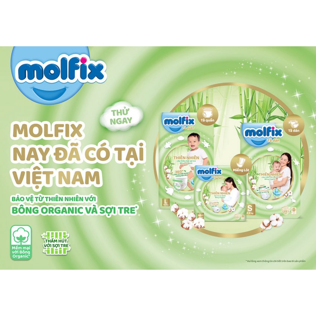 Tã/bỉm quần Molfix Thiên nhiên Ultra Size S88/M84/L76/XL70/XXL64
