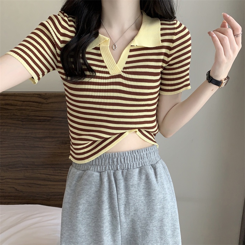SUXI Áo Croptop Dệt Kim Mỏng Tay Ngắn Kẻ Sọc Thời Trang Mùa Hè Cho Nữ