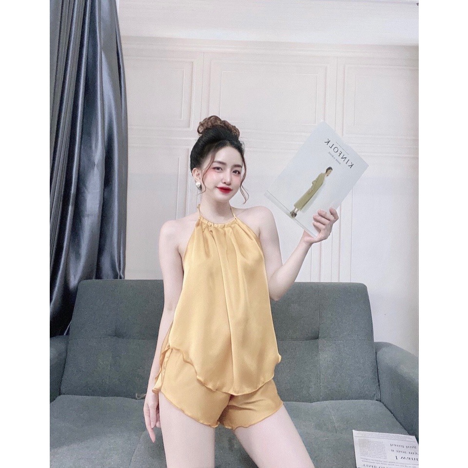 Sét đồ ngủ áo yếm dập ly satin sexy -freeship 💖💖💖