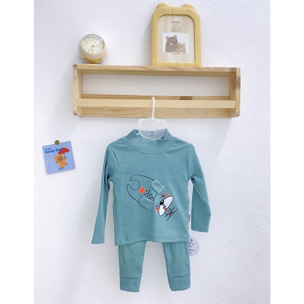 [SALE] Bộ Dài Tay Cho Bé Trai, Bé Gái KIMCHI Vải Len Gân Cao Cổ Tai Thú 3D, Đồ Bộ Cho Bé Mặc Nhà Thu Đông KWTD2201