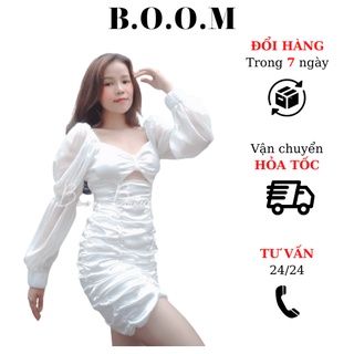 Váy trắng nhún thân cutout ngực tay voan b.o.o.m