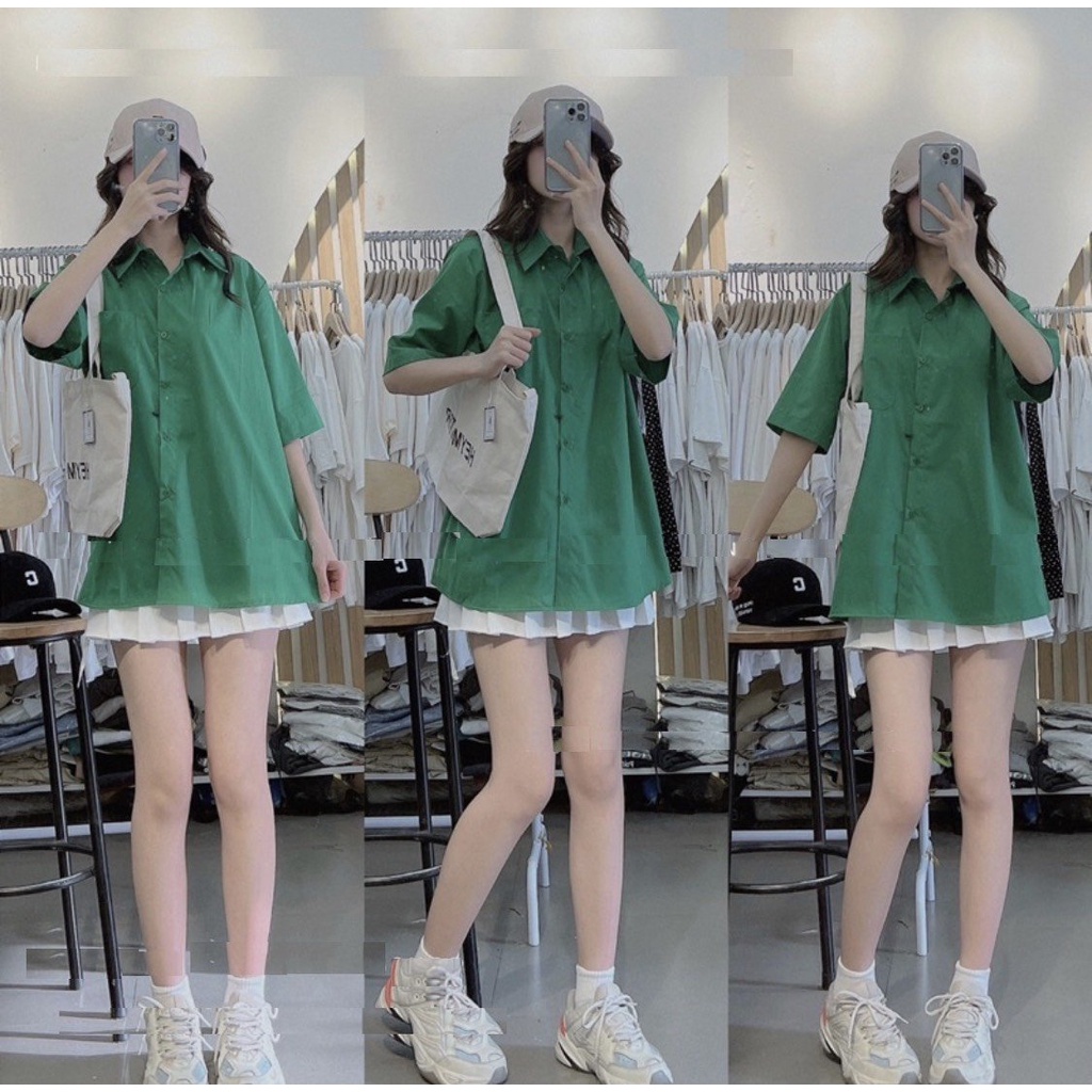 Áo sơ mi trơn tay lỡ thô hàn nữ - Áo cộc tay form rộng cổ bẻ, khuy cài, style Ulzzang