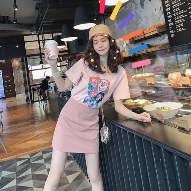 ♥️♥️♥️Set váy, Đầm áo phông kết hợp chuân váy bút chì hai màu hồng/ vàng size S/M/L/XL