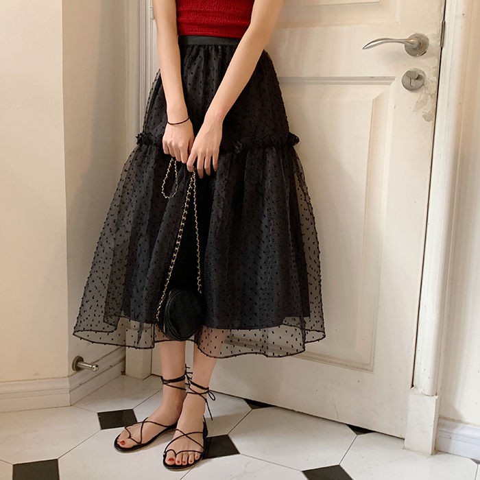 Chân Váy Dài Lưng Cao Phối Ren Lưới Phong Cách Hàn Quốc Mới Cho Nữ 2021