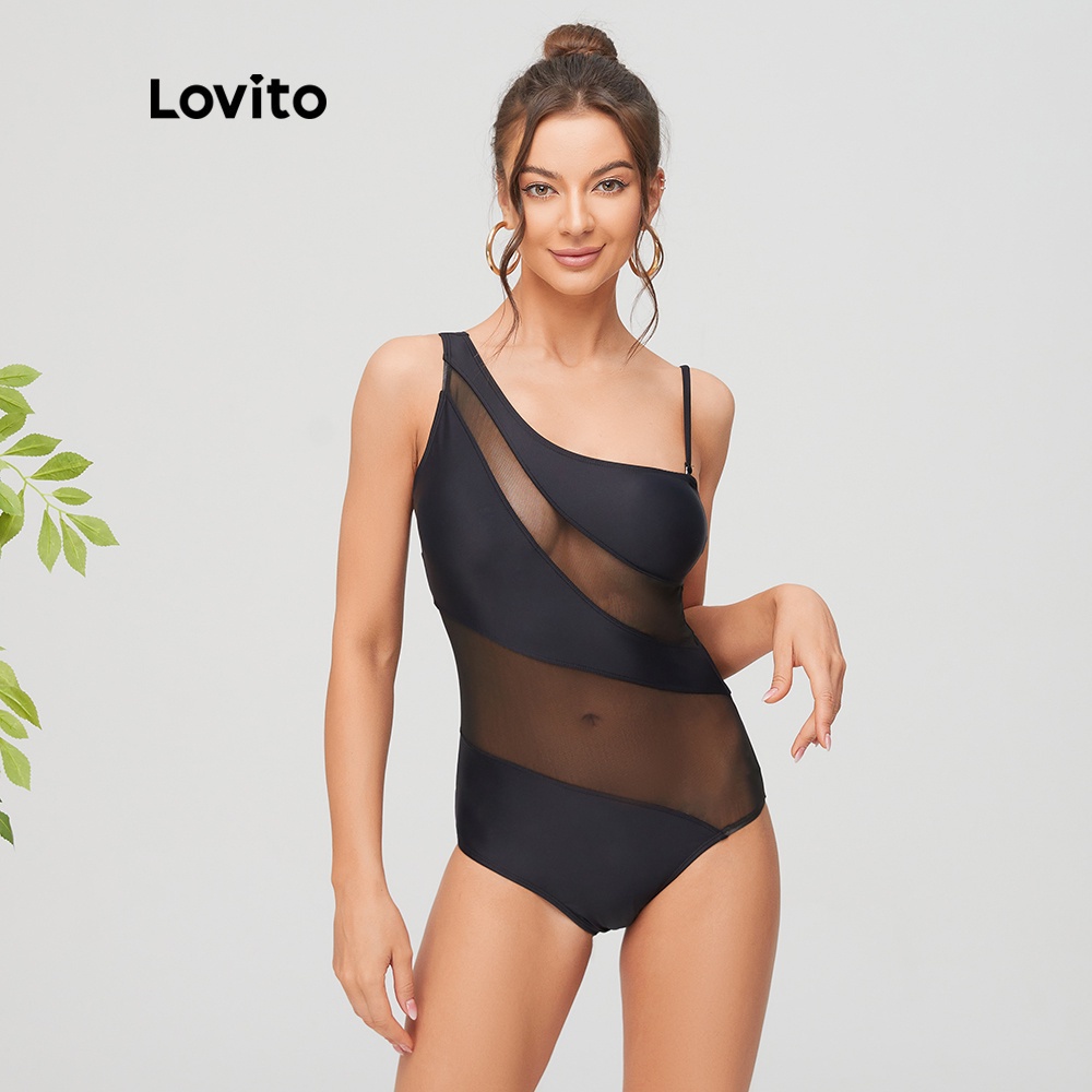 Đồ bơi một mảnh hở vai gợi cảm Lovito L11108 (màu đen)