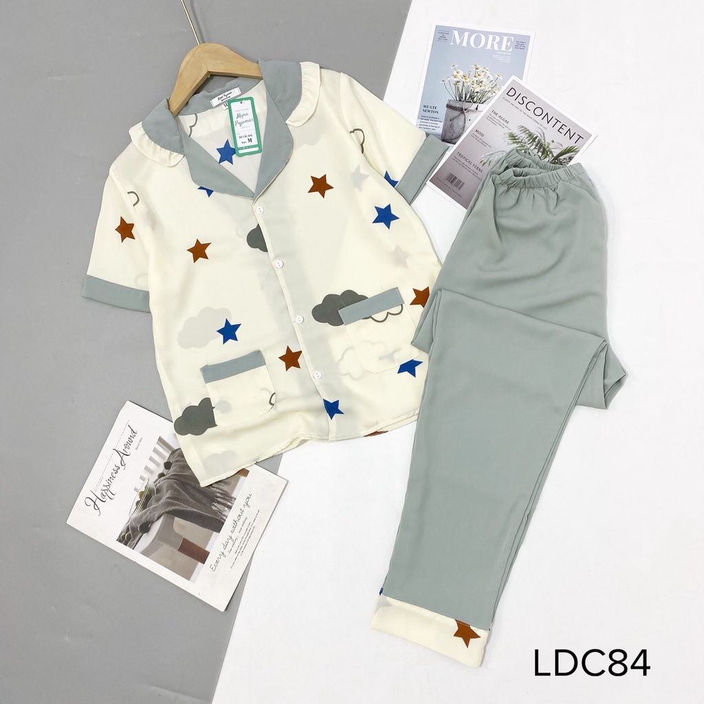 Bộ pijama lụa mango cộc dài cổ bèo