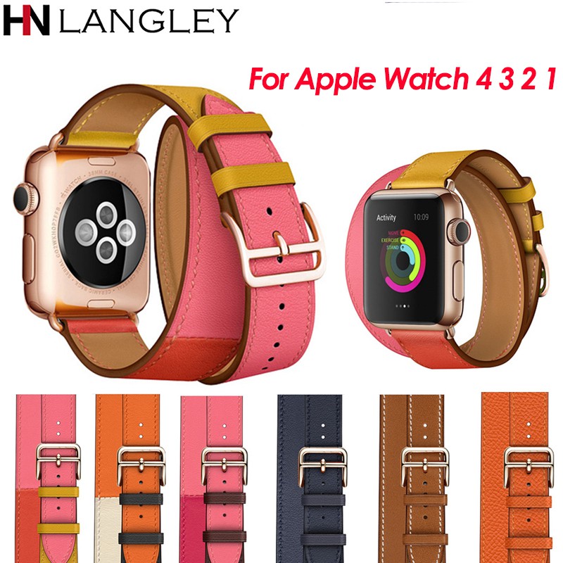 Dây Đeo Bằng Da Thật Màu Vàng Hồng Khóa Đôi Cho Đồng Hồ Apple Watch 38mm 42mm 44mm 42mm Series 4 3 2 1