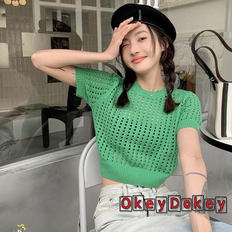 Áo Dệt Kim Tay Ngắn Cổ Tròn Màu Trơn Thiết Kế Khoét Lỗ Thời Trang Mùa Hè Cho Nữ