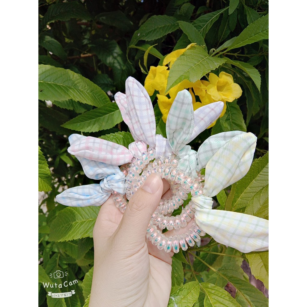 Dây cột tóc lò xo trong suốt có nơ thỏ vải siêu cute