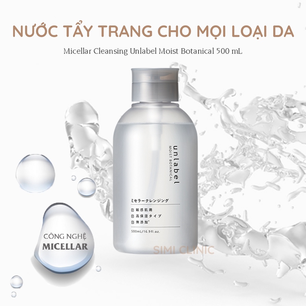 Nước tẩy trang cho da dầu mụn nhạy cảm không cồn Unlabel Nhật Bản sạch mắt môi trang điểm dịu nhẹ da khô micellar water