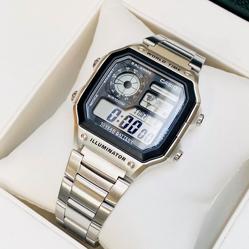 Đồng Hồ Nam CASIO AE1200 Dây Kim Loại – Tặng full box - Chống Nước 3atm, Mặt vuông Mạnh mẽ – haizz.shop