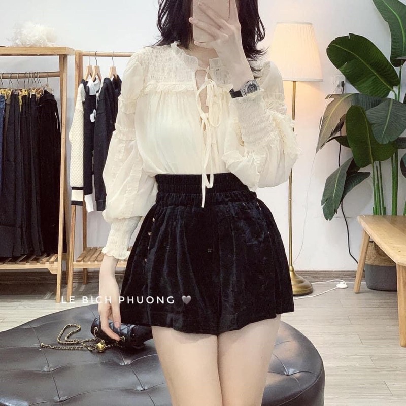 Quần sooc nhung đính ngọc form đứng dáng phồng cạp chun bản to siêu gọn bụng