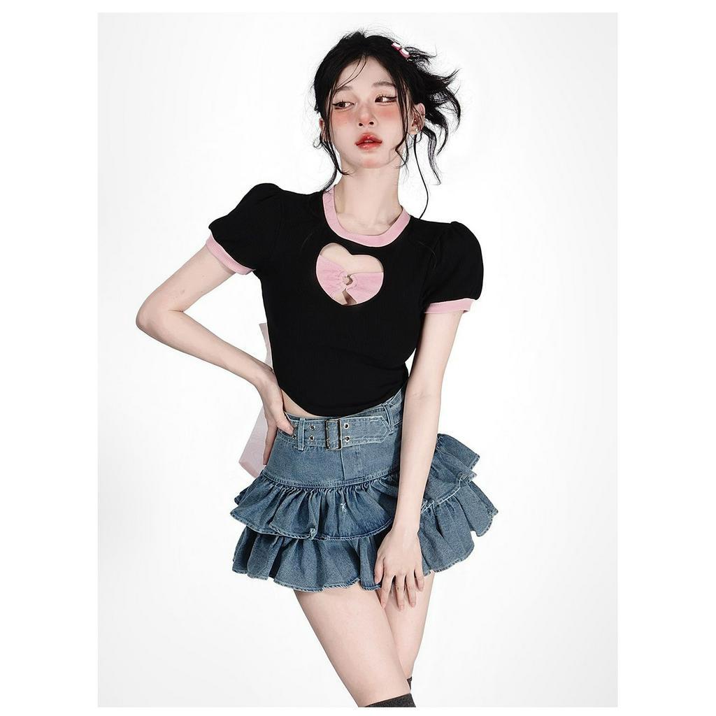 Áo thun croptop ZWQFP ngắn tay cổ tròn hở lưng phối dây nơ trước ngực thời trang