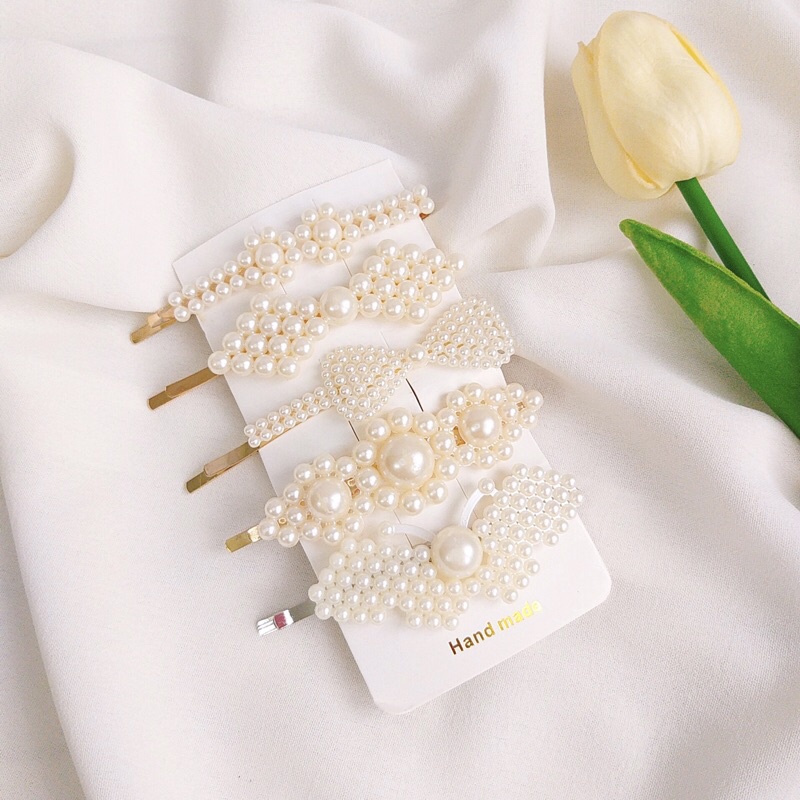 Kẹp Tóc , Set 6 Kẹp Tóc Đính Đá và Ngọc Trai Nhân Tạo Kiểu Hàn Quốc Sang Chảnh