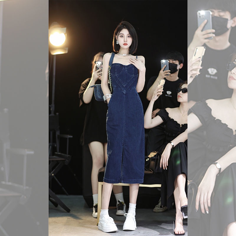 Hàng Có Sẵn Váy Yếm Denim Dài Qua Gối Phong Cách Retro Ngọt Ngào Cho Tuổi Teen @ -