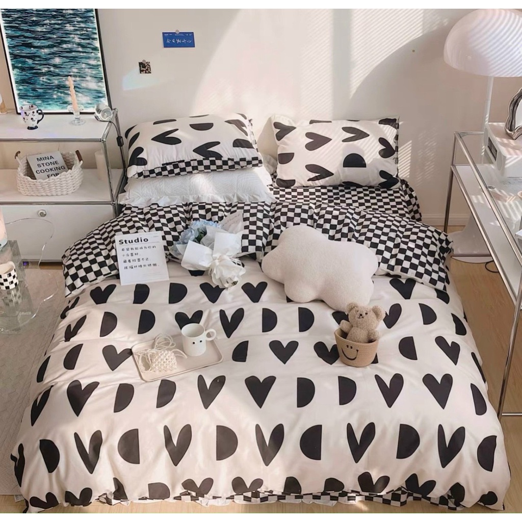 Bộ chăn ga gối Cotton poly M2T bedding gồm vỏ chăn mền, drap ga giường và 2 vỏ gối nằm - PL Tim khuyết đen