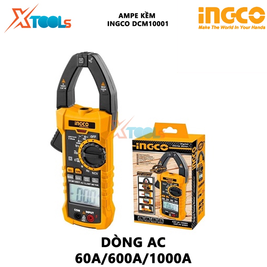 Ampe kìm INGCO DCM10001 | ampe kẹp AC kỹ thuật số Dòng điện AC 60A/600A/1000A, Có màn hình điện tử LCD đồng hồ vạn năng