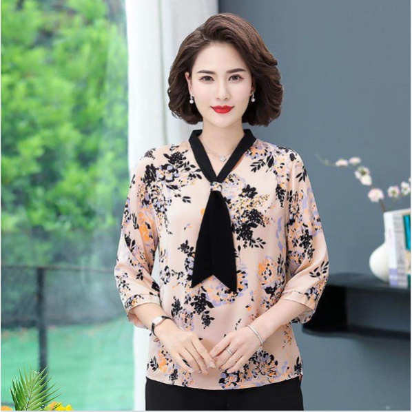 [Hàng Có Sẵn] Áo Sơ Mi Chiffon Tay Lửng Cổ Chữ v In Họa Tiết Hoa Cho Phụ Nữ Trung Niên