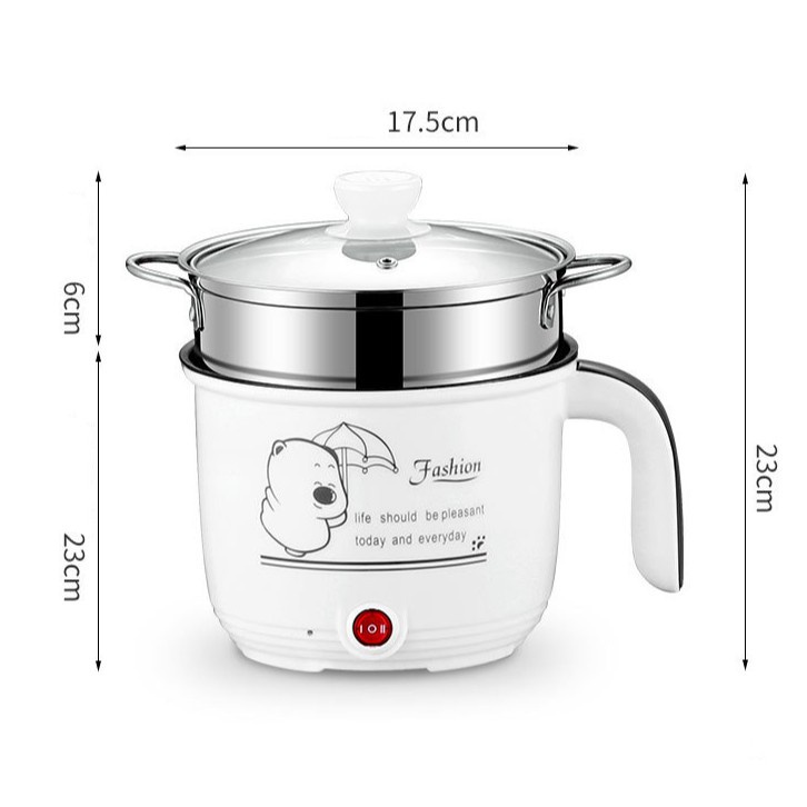 Ca Nấu Mì, Nấu Cơm Đa Năng Có Tay Cầm 1,8L - Nồi Lẩu Điện Mini Kèm Giá Hấp Inox