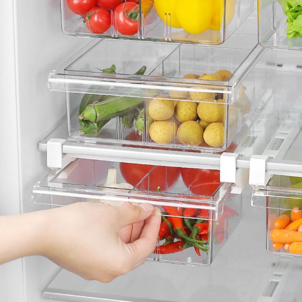 Hộp Đựng Thực Phẩm Có 4 Ngăn Chia Kèm Ray Kéo, Khay Chia Ngăn Kéo Tủ Lạnh Cao Cấp Thông Minh Trong Suốt EC Life 0808