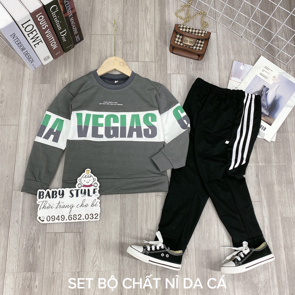 Bộ quần áo thu đông dài tay cho bé trai "VEGIAS!" 14-45kg. Thiết kế năng động, thoải mái. Vải nỉ da cá. STB44