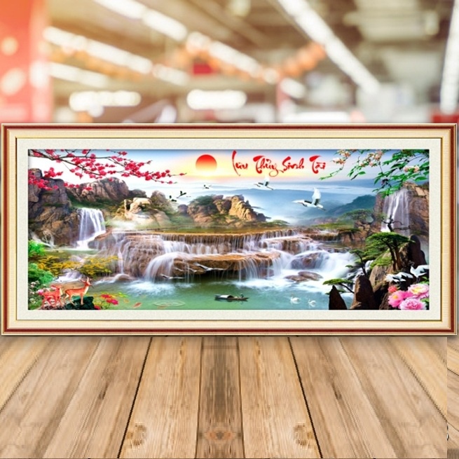 Tranh thêu chữ thập phong cảnh lưu thủy sinh tài KT:99x51cm,132x58cm. Tranh chưa thêu và chưa khung. Tặng kéo và sỏ chỉ.