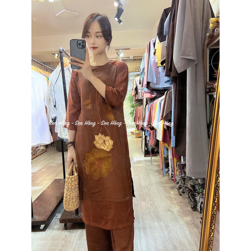 ÁO DÀI ĐI CHÙA # set áo dài cách tân 4 tà thêu hoa sen - vải lụa tuyết dày dặn cao cấp - Pháp Phục Sen Hồng